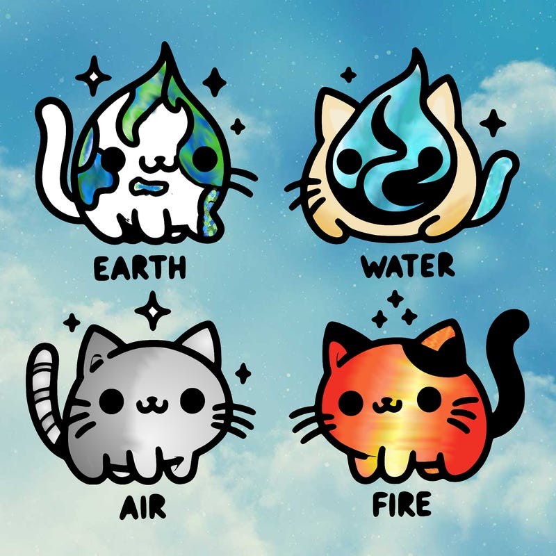 4 cats that represent the different elements, earth, water, air, and fire