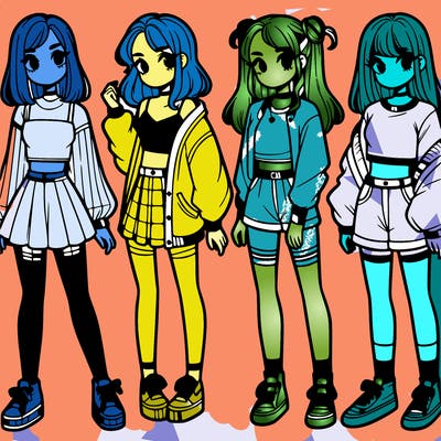 one girl with crop-top shirt and a jacket with a skirt, long socks and another girl with a shirt and pants with a jacket