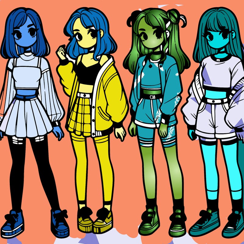 one girl with crop-top shirt and a jacket with a skirt, long socks and another girl with a shirt and pants with a jacket