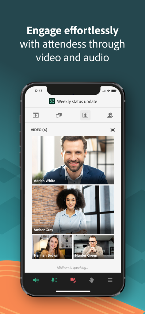 4人の参加者が表示されたAdobe Connectモバイルインターフェースでのビデオ会議