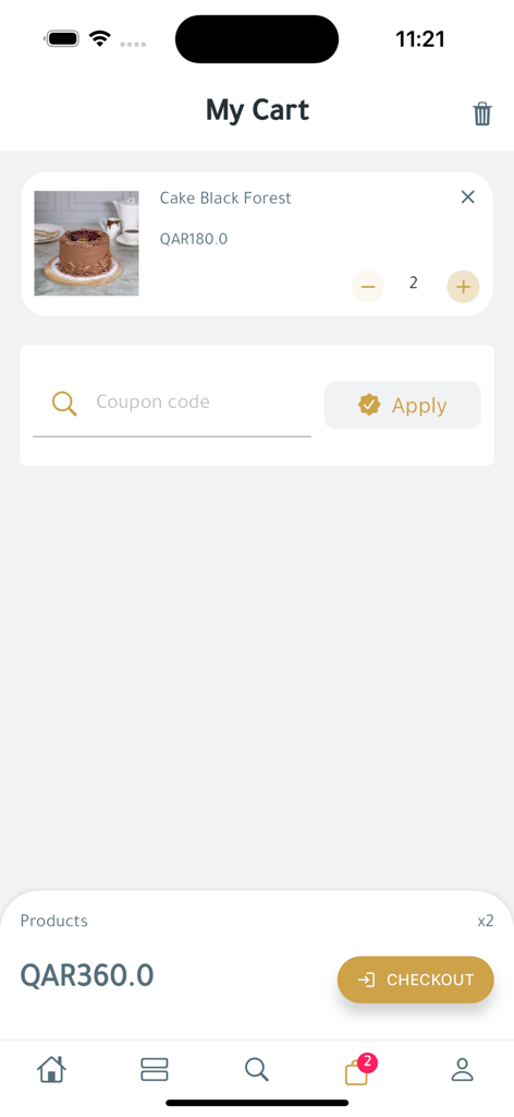 Shopping cart screen of the rellato app showing a Black Forest cake order and checkout button