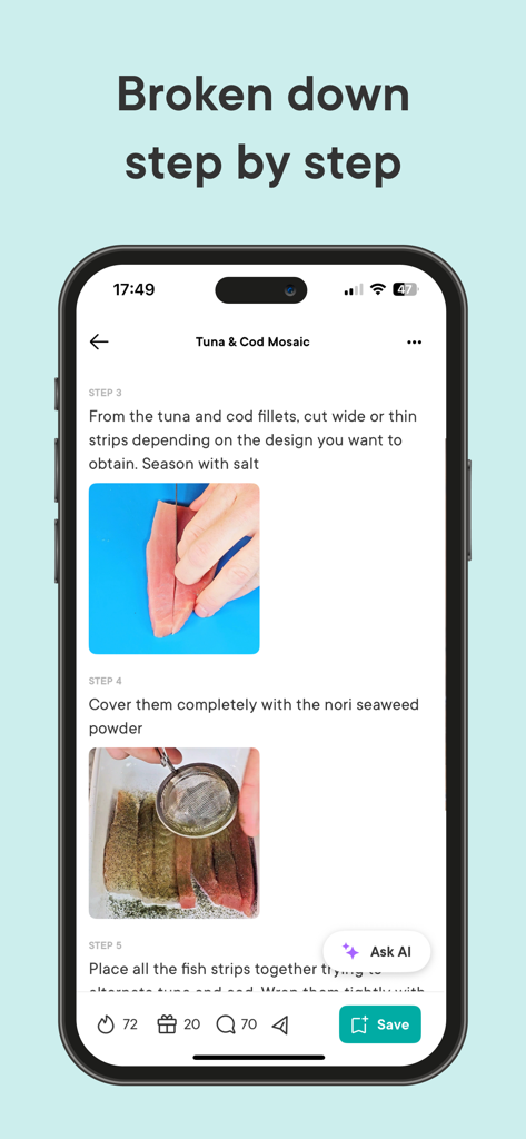 A smartphone screen displaying a step by step fine dining recipe on the Gronda app with detailed instructions and preparation photos.