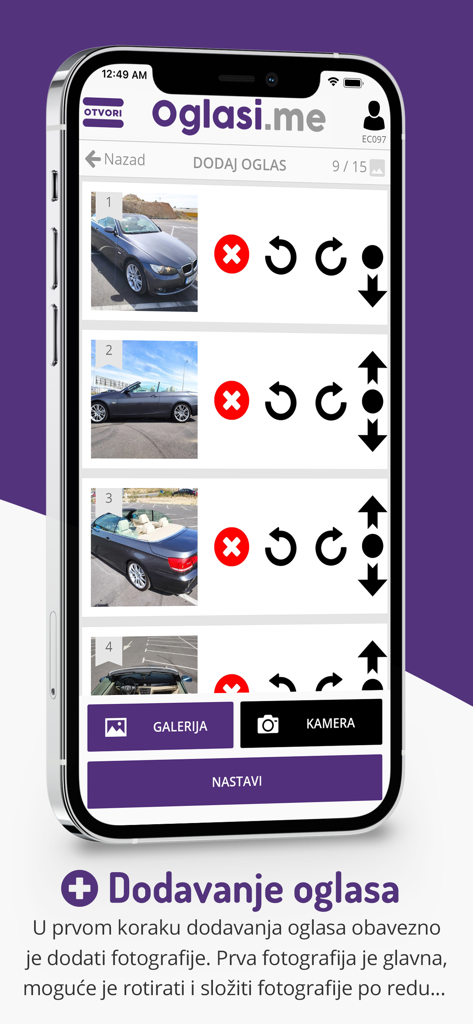 Oglasi - Mobile screen showing the photo upload and management interface for a car listing on the Oglasi app
