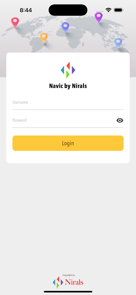 Navic By Nirals - Login screen for the Navic by Nirals school bus tracking and fleet management app.