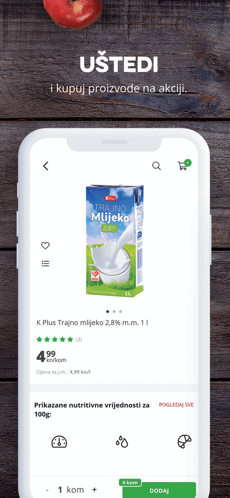 KONZUM - Interfaz de la aplicación móvil Konzum que muestra la página de un producto de leche con precio y opciones de carrito de compras