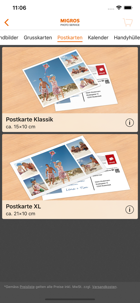 Migros Photo Service - The Migros Photo Service app interface displaying options for creating personalized Classic and XL postcards with family photos.