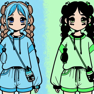 real girl with two braids with a baggy sweatshirt and shorts with boba