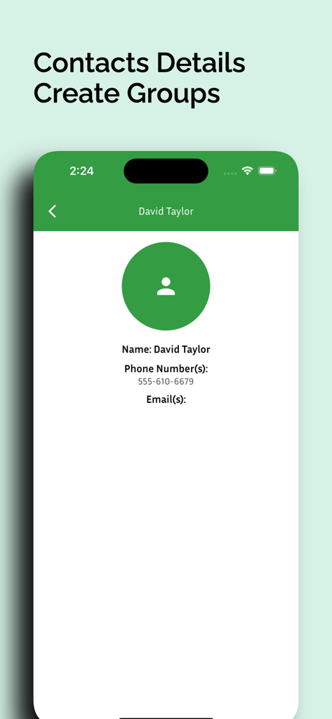 Ein Bildschirm mit Kontaktdetails und der Option zum Erstellen von Gruppen in der Export Contacts CSV Fast App