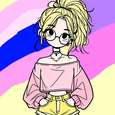 girl with a messy ponytail glasses a baggy crop top and jean shorts