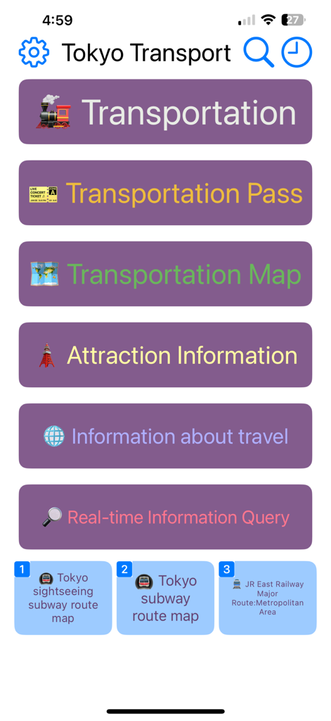 Tokyo Transport - Hauptmenü der Tokyo Transport App mit Navigationsschaltflächen für Transport, Pässe, Karten und Attraktioneninformationen.