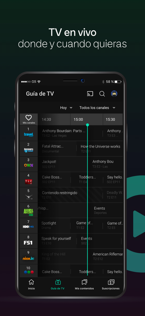 Flow - Interface móvel do app Flow mostrando a guia de TV ao vivo com horários de canais e listagens de programas