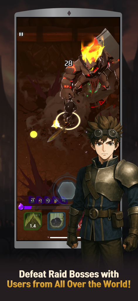 Arcane Knight : Idle RPG - Un personaje heroico enfrentando a un jefe de incursión masivo infundido de fuego en Arcane Knight Idle RPG.