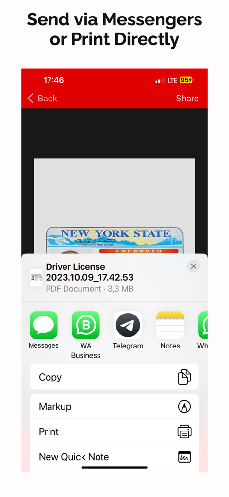 Sharing and printing a scanned driver license in the Protocol O app