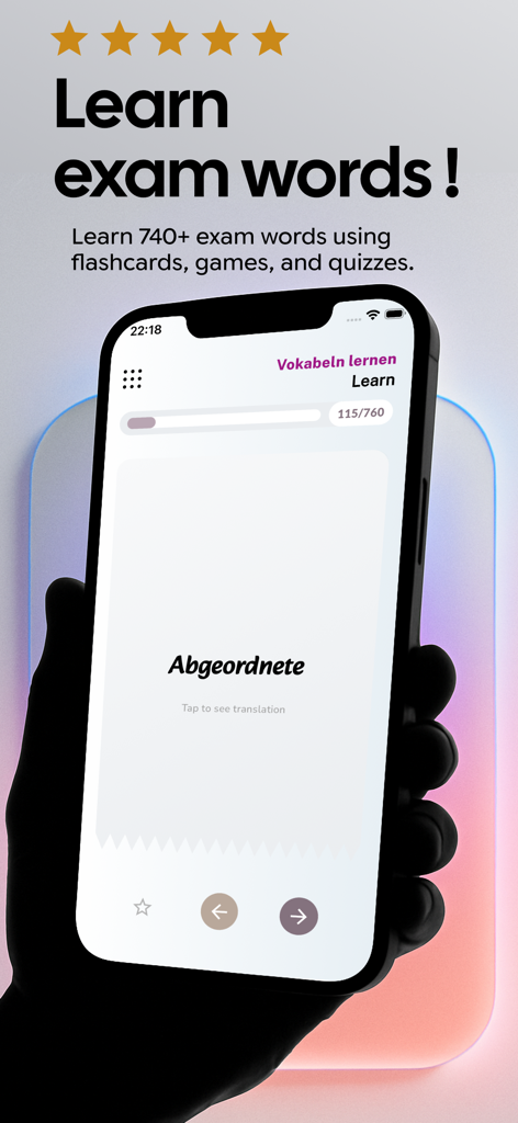 Leben in Deutschland: LebenPro - Mobile app screenshot showing German citizenship test vocabulary flashcards for exam word learning