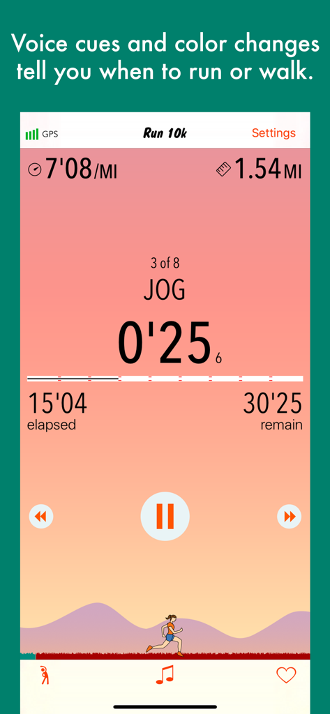 Run 10k - couch to 10k program - Run 10k app interval workout screen showing jog timer and pace