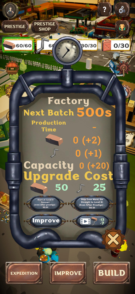 Apocalypse City Builder - Menú de mejora de fábrica en el juego móvil Constructor de Ciudades Apocalípticas que muestra la producción de recursos y los costos