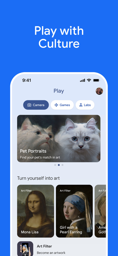 Google Arts & Culture - Interfaz de la aplicación Google Arts and Culture que muestra funciones interactivas como Retratos de mascotas y Filtros artísticos