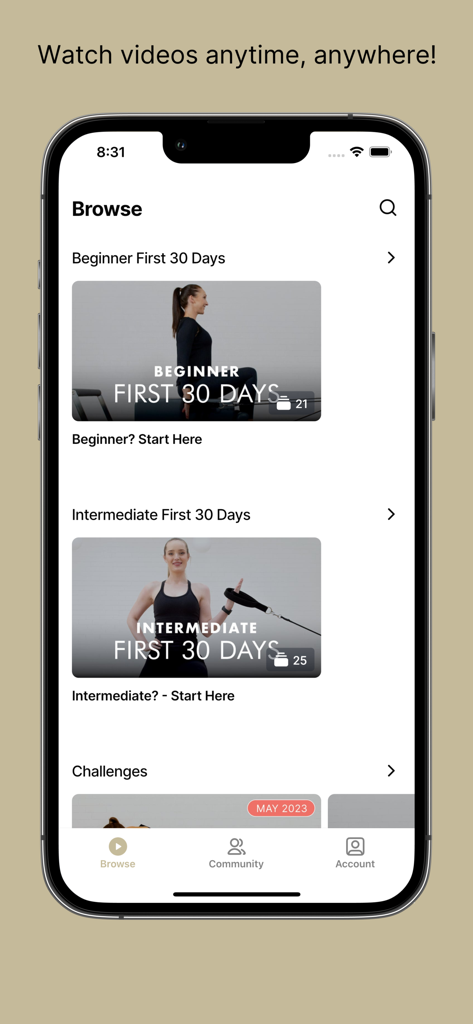 Your Reformer - At Home - L'écran de navigation de l'application mobile Your Reformer proposant des programmes d'exercices de Pilates pour débutants et intermédiaires
