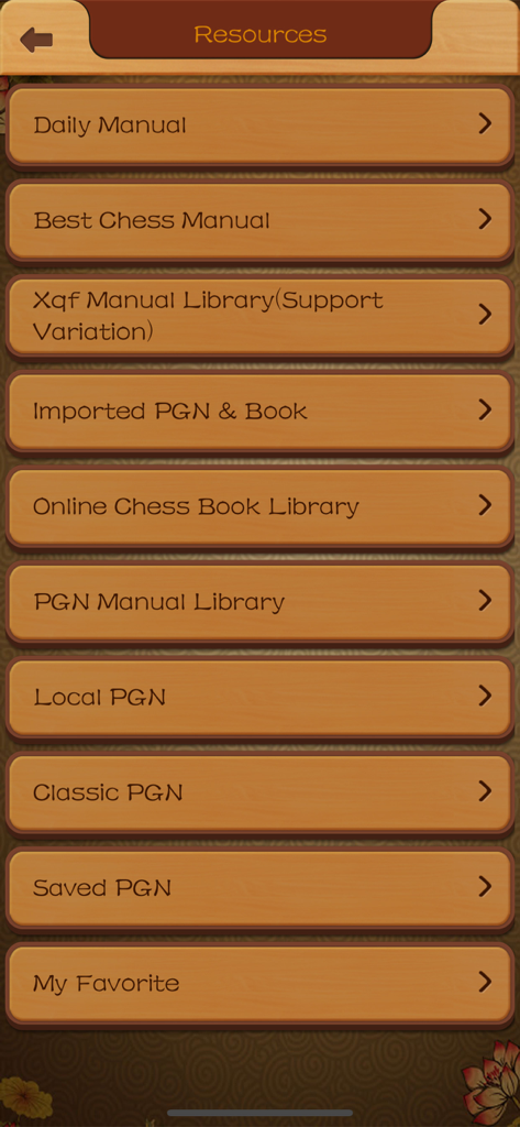 Chinese Chess - China game - Resources menu screen showing various chess manuals and PGN game libraries for study.
