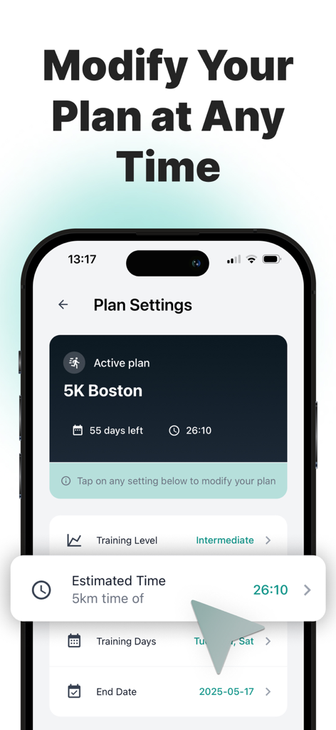 Couch to 5K Run: Running Plans - Captura de pantalla de la pantalla de configuración del plan en la aplicación Couch to 5K Run que muestra opciones para modificar el nivel de entrenamiento y el tiempo estimado de carrera.