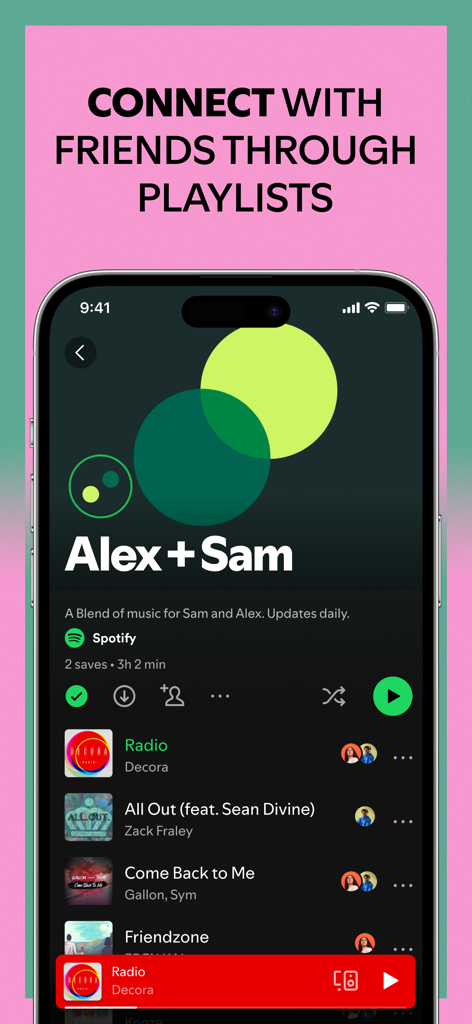 A screenshot of the Spotify mobile app showing the Blend feature which creates a personalized shared playlist for two friends