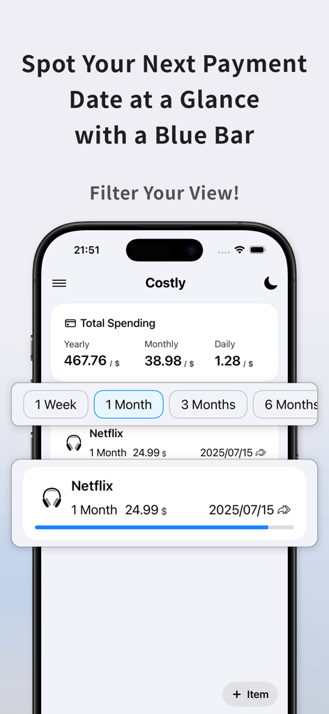 Costly : Subscription Tracker - Costly app interface showing a subscription list with a blue progress bar tracking the next payment date for Netflix