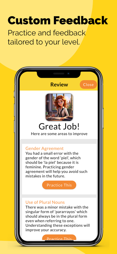 Amigo Lingo: Speak Spanish - La interfaz de la aplicación Amigo Lingo muestra feedback personalizado de IA sobre gramática española y concordancia de género