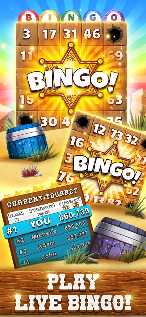 Jugabilidad de Bingo Showdown con cartas de bingo en vivo y una tabla de clasificación de torneos con temática del Salvaje Oeste.