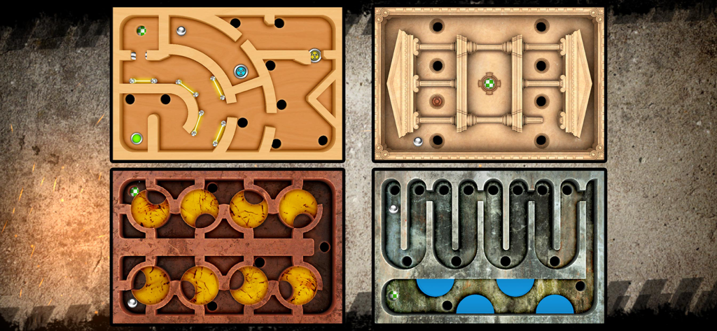 木、石、金属などのさまざまなテクスチャを備えた、迷路ゲームの4つの手作りレベルデザインのプレビュー