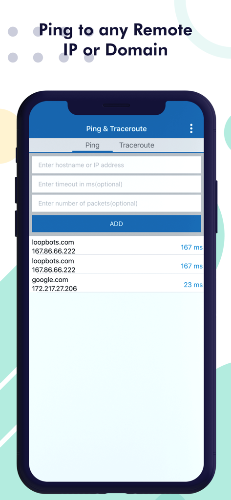 Ein Mobiltelefon mit der Ping-Oberfläche der App, die Felder für Hostname, Timeout und Paketgröße sowie Ergebnisse für Loopbots- und Google-Server anzeigt.