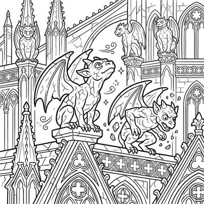 Witness the dramatic awakening of ancient gargoyles on a stunning gothic cathedral. This engaging coloring page, designed with clear lines and rich details, offers a captivating artistic escape for seniors.