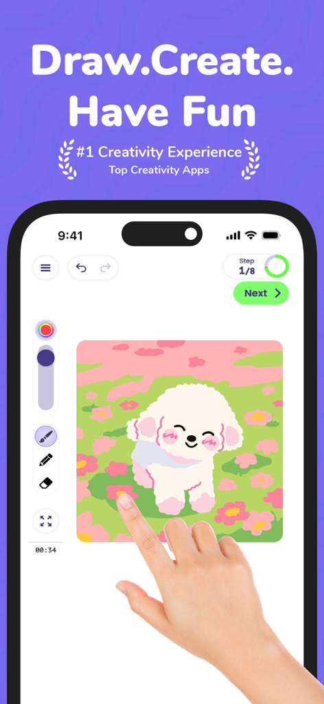 DrawMee - Learn how to draw - DrawMee app interface displaying a step by step drawing lesson of a cute white poodle
