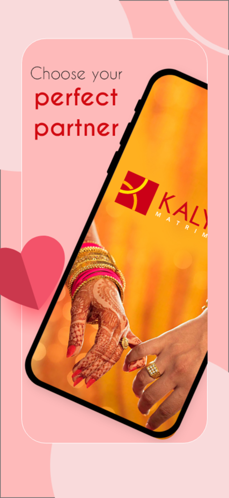Kalyan Matrimony® Marriage App - Kalyan Matrimony app screen showing hands of a couple with traditional henna and jewelry for an Indian wedding