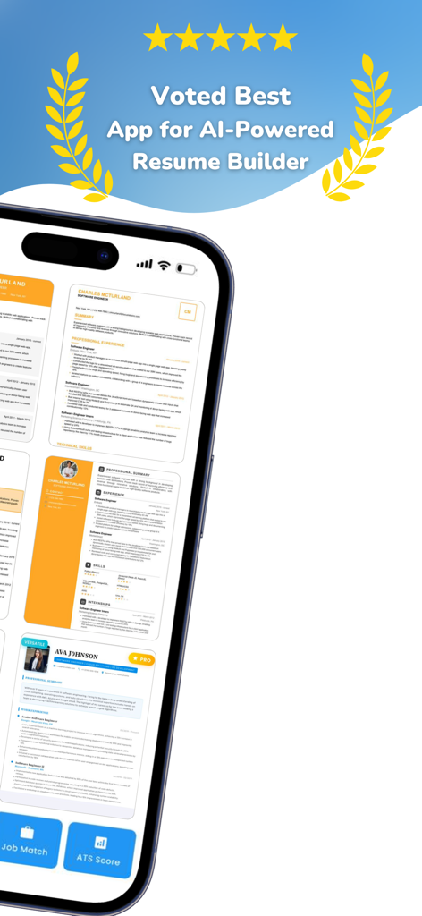 ResAI app interface showing professional resume templates and a voted best app award badge