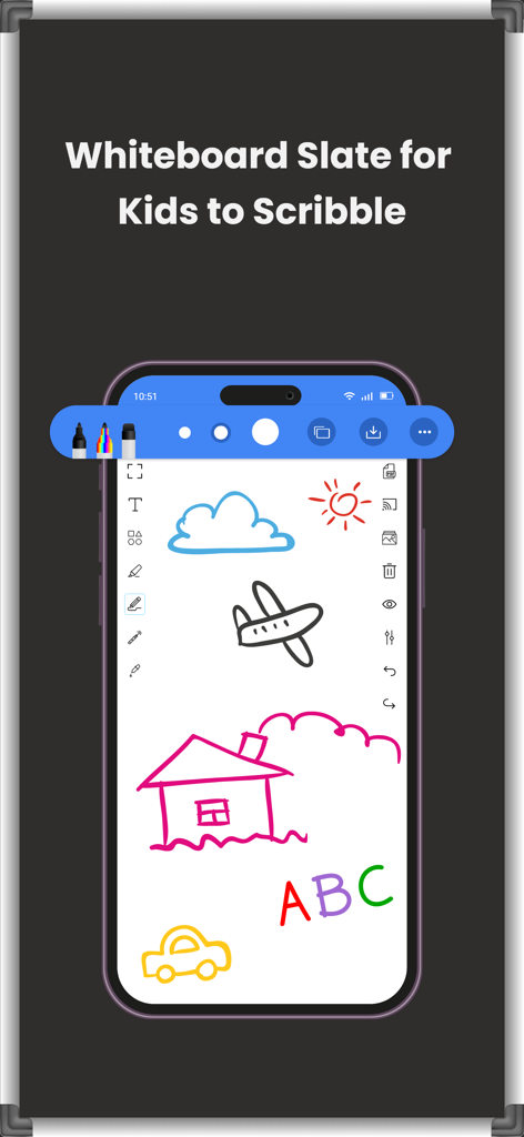 Drawing and Writing Whiteboard - Drawing and Writing Whiteboard app interface on a smartphone screen featuring colorful children sketches