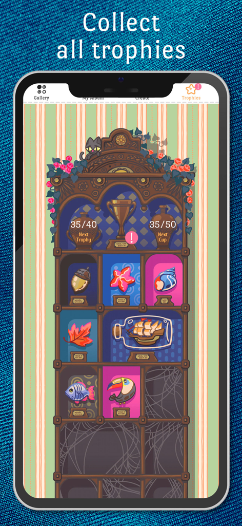 A digital trophy shelf in the Cross Stitch Club app displaying various colorful collected rewards