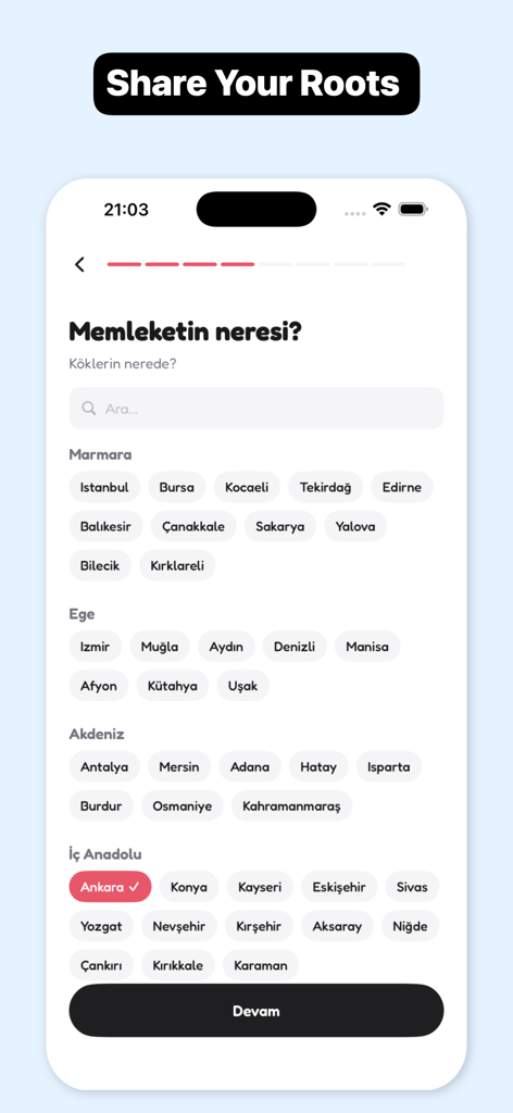 Lokum: Turkish Dating & Love - Lokum dating app screen for selecting a Turkish hometown from a list of cities organized by region.
