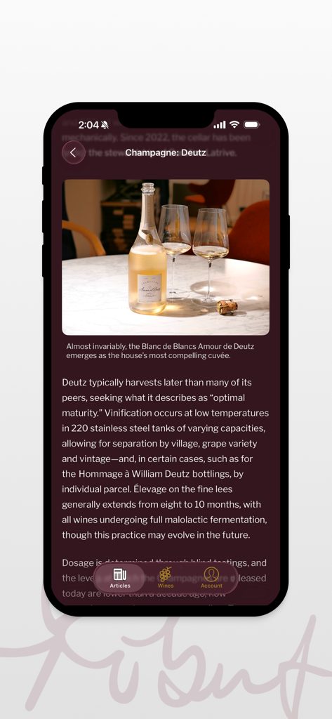 Robert Parker - Robert Parker Wine Advocate app article screen for Champagne Deutz featuring expert tasting notes and a bottle image.
