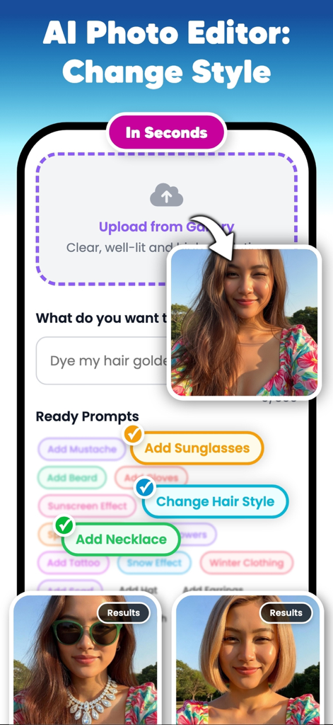 Combyne & Ai Try On - WearUp! - Interface of WearUp app AI photo editor showing virtual hairstyle changes and accessory try-on features.