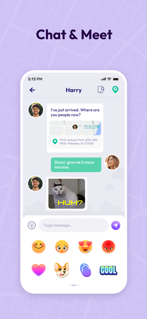 Pantalla de chat privado en la aplicación Link360 que muestra funciones de mensajería e intercambio de ubicación en tiempo real.
