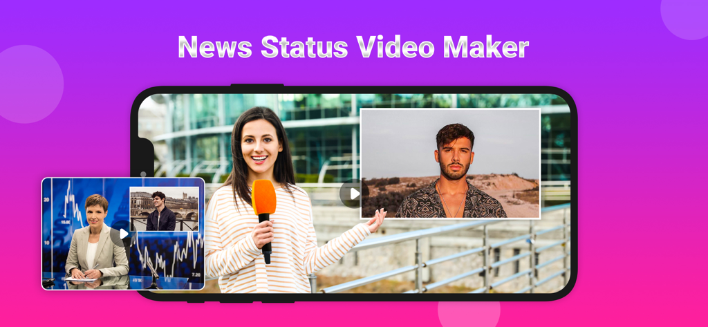 Interface of Breaking News Video Maker app showing a news broadcast template with a reporter and photo overlay