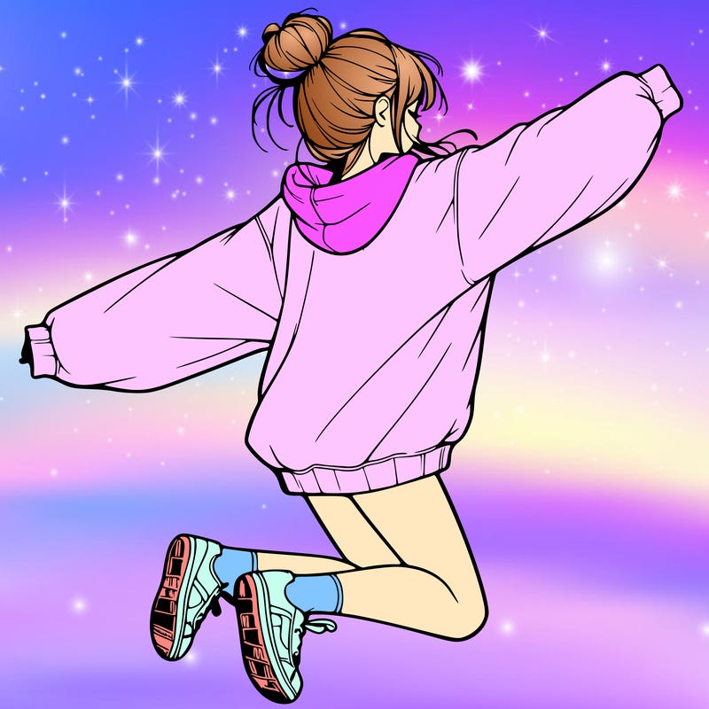 realistic girl jumping with a bun and oversized sweatshirt