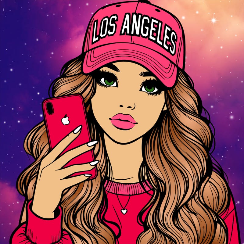 realistic beautiful girl wearing los ángeles cap holding an iphone