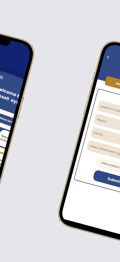 TAI-HABARI mobile App-Oberfläche, die ein Registrierungsformular für die Journalistenakkreditierung mit Feldern für Region und Bezirk anzeigt
