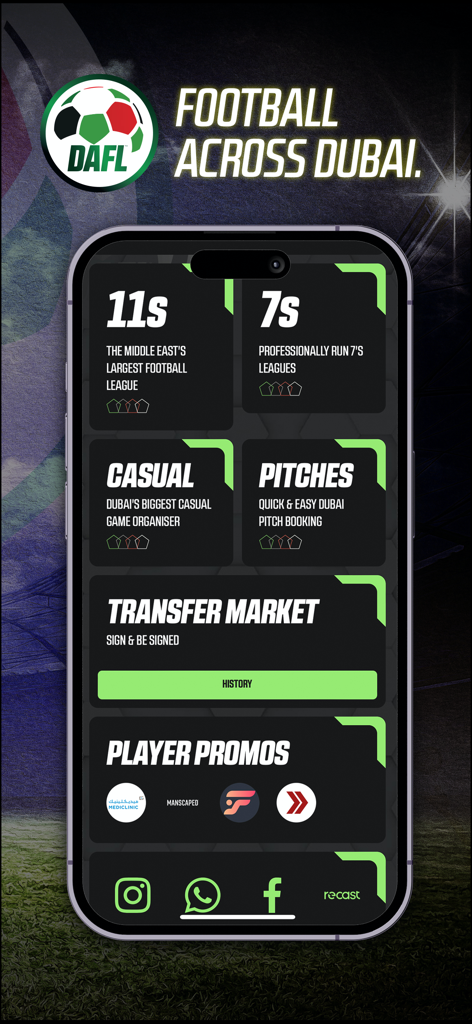 DAFL - Pantalla de inicio de la aplicación DAFL que muestra opciones de liga de fútbol, partidos informales, reserva de campos y mercado de fichajes.