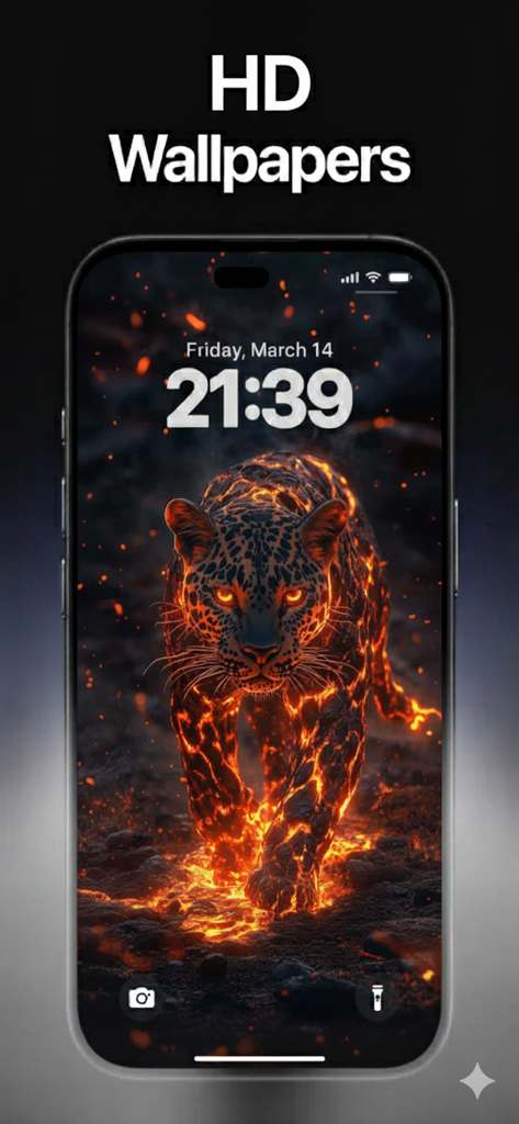 Wallify: 4K Live Wallpapers - iPhone lock screen displaying a high-definition fire leopard wallpaper from the Wallify app