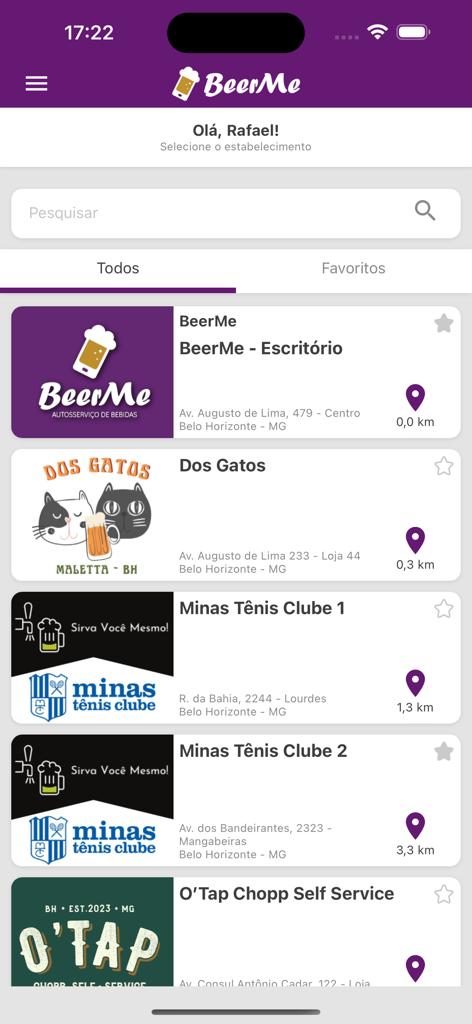 BeerMe - BeerMe app screen showing a list of self-service taproom establishments with addresses and distances