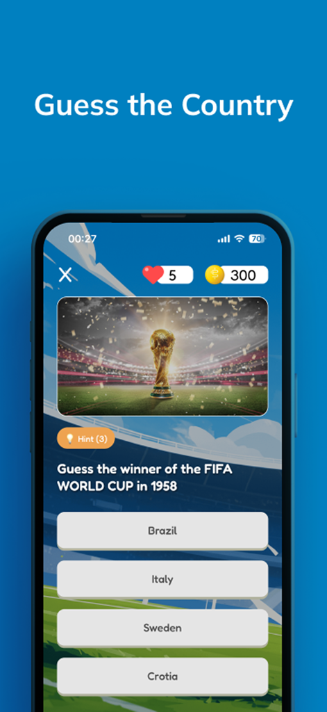 Football Quiz - Tiki Taka - Football Quiz app showing a Guess the Country question about the 1958 World Cup winner.