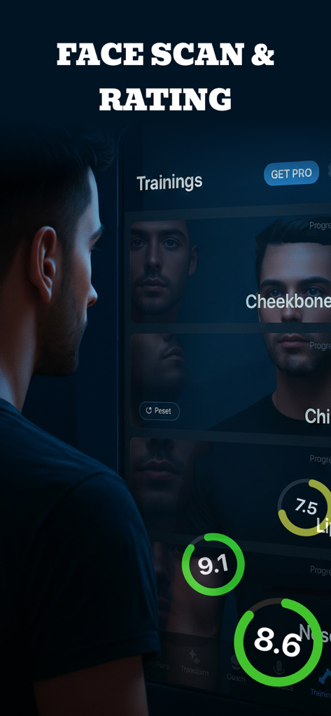 LooksMax AI: Face Rater & Scan - A man using the LooksMax AI app for a face scan and rating with numerical scores for facial features.