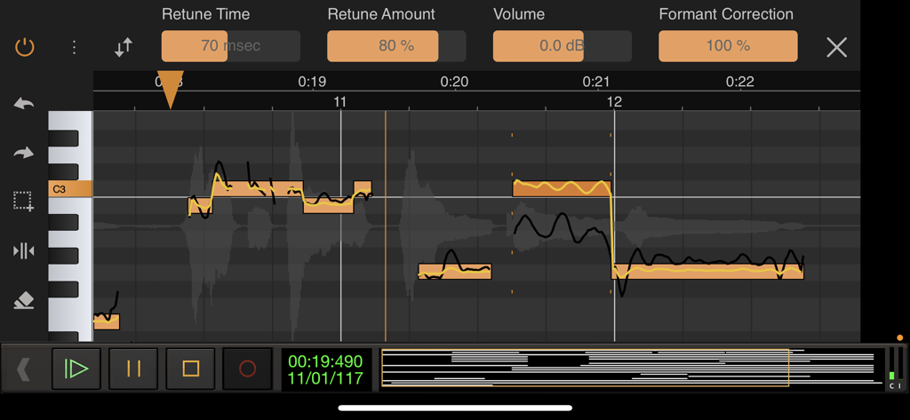 Vocal Tune Studio pitch and time correction interface in Audio Evolution Mobile Studio